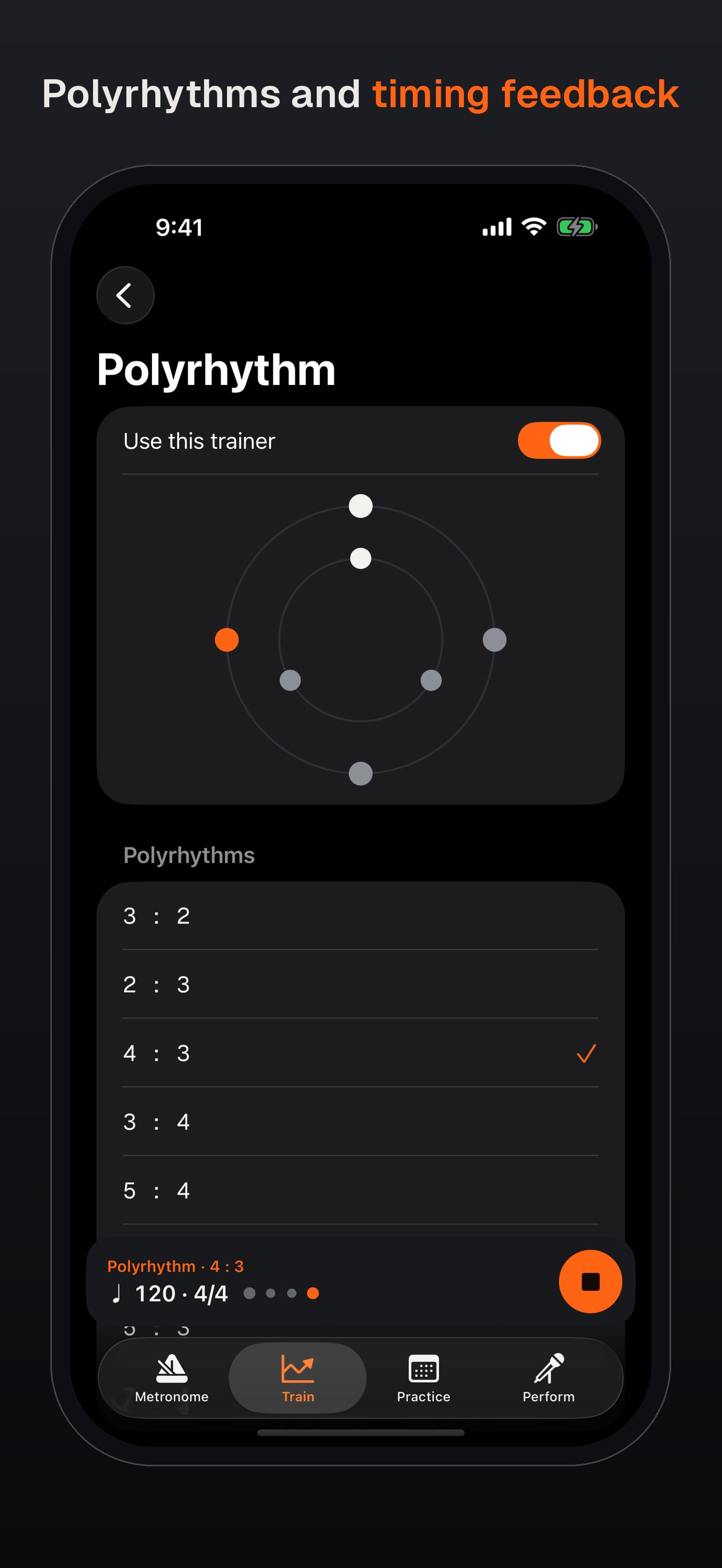 Polyrhythms and timing feedback. The Polyrhythm trainer with 4 against 3 chosen.