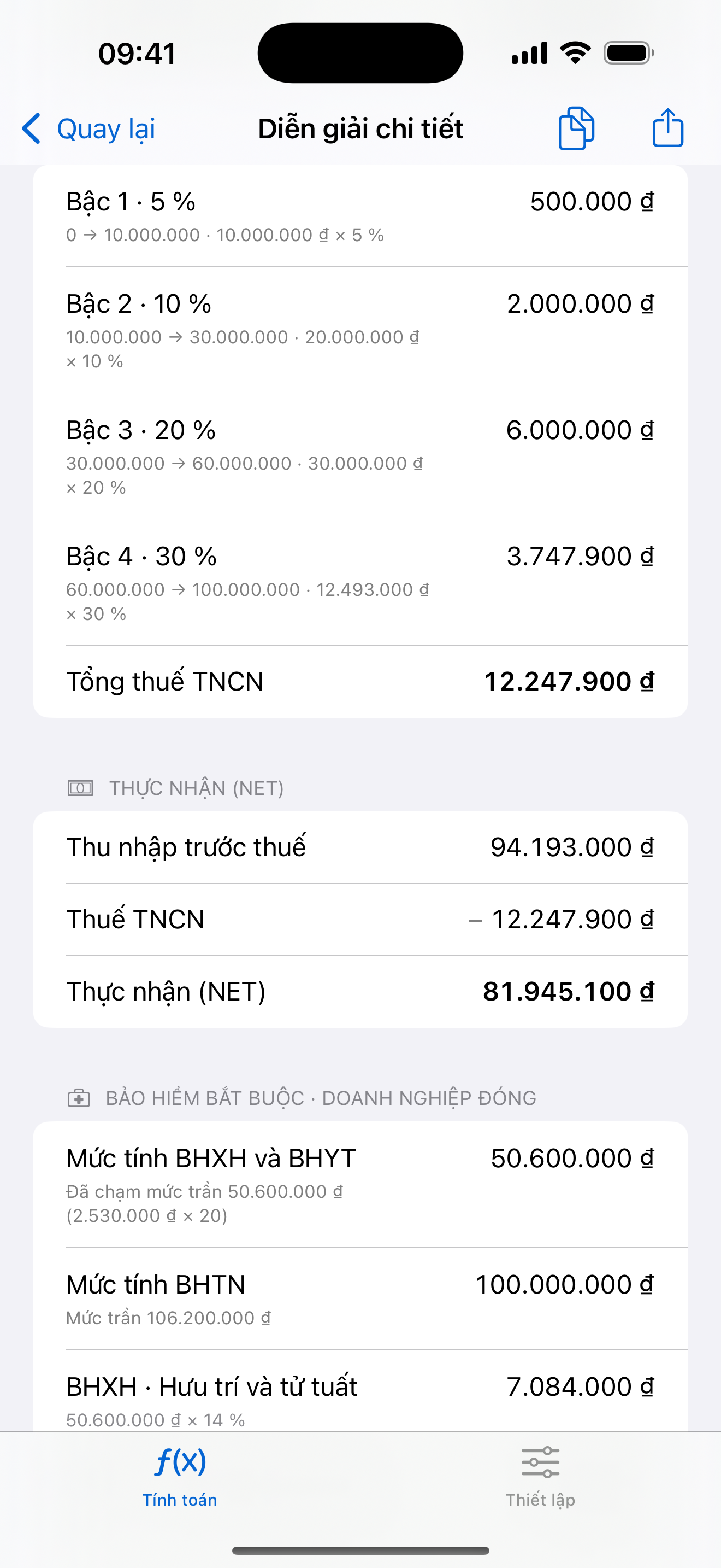 Phần thuế TNCN trong Diễn giải chi tiết, liệt kê bậc 1 đến bậc 4 với khoảng thu nhập, thuế suất và số tiền của từng bậc, tổng thuế TNCN, rồi đến phần bảo hiểm do doanh nghiệp đóng.