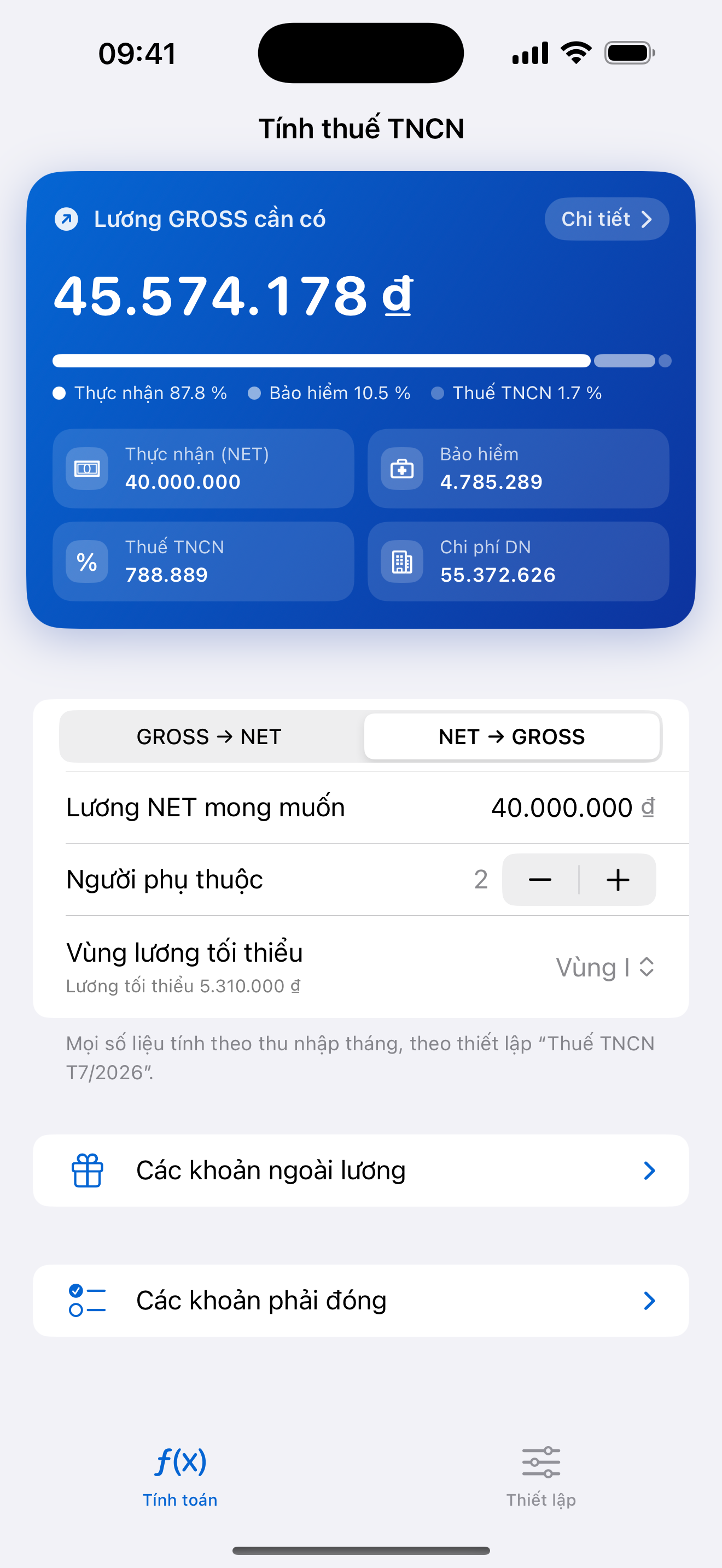 Chế độ NET sang GROSS: thẻ kết quả hiện lương GROSS cần có là 45.574.178 đồng để nhận về 40.000.000 đồng, với ô nhập lương NET mong muốn bên dưới.