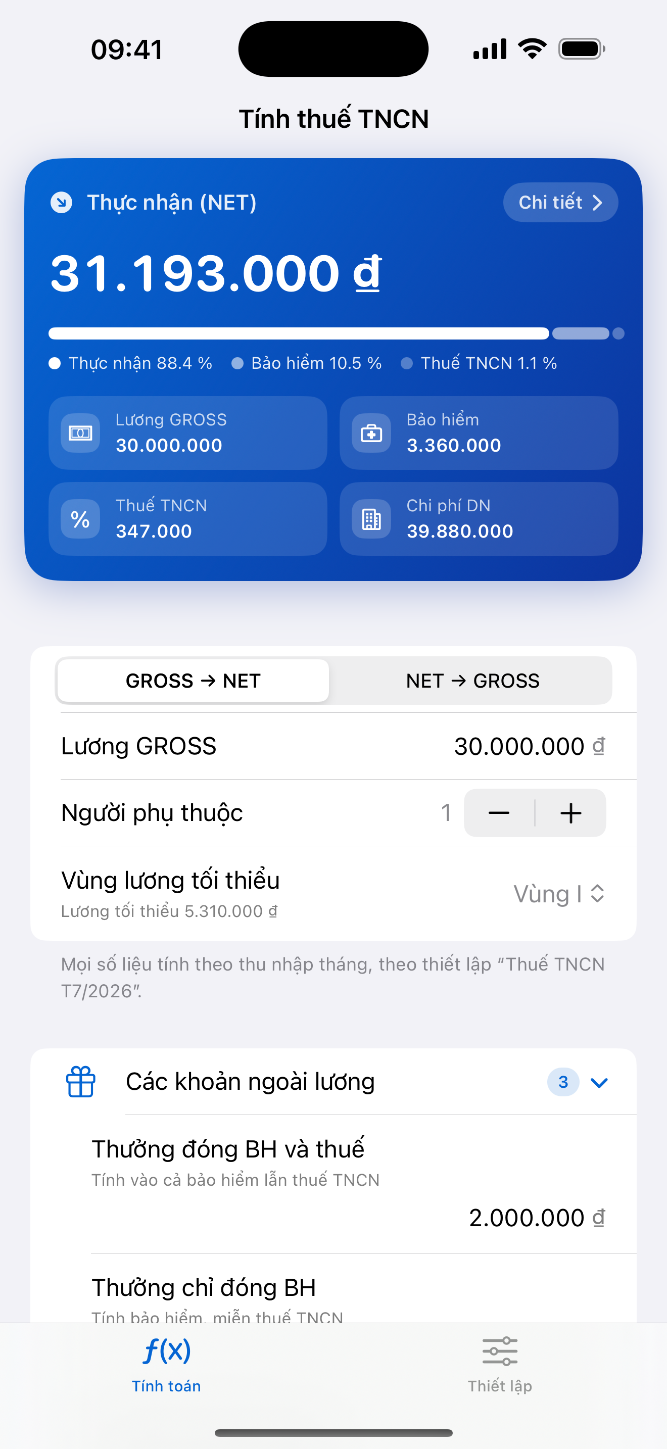 Mục Các khoản ngoài lương đang mở, hiện thưởng đóng BH và thuế, và thưởng chỉ đóng BH, cùng số tiền của từng loại.
