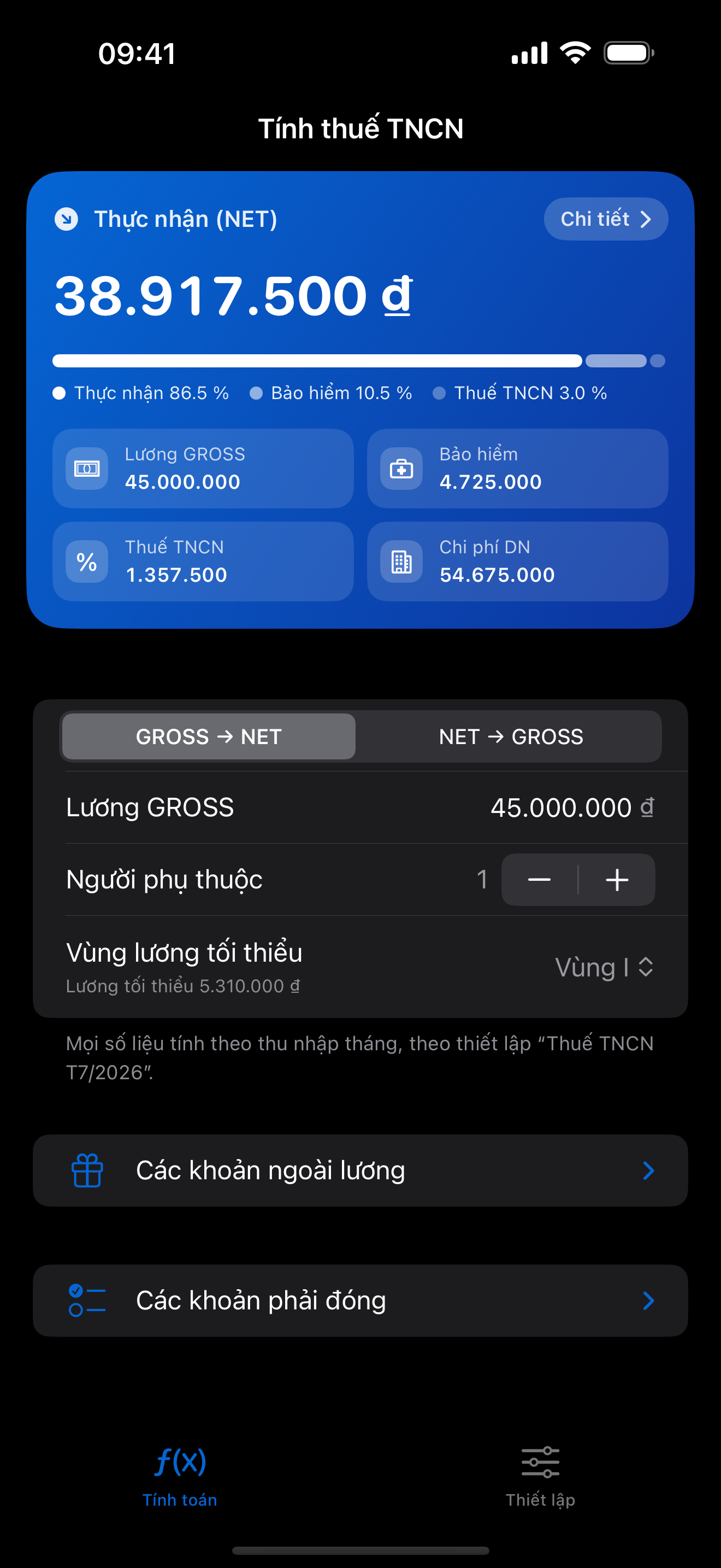 Màn hình tính toán ở giao diện tối, nền đen với thẻ kết quả xanh hiện thực nhận 38.917.500 đồng.