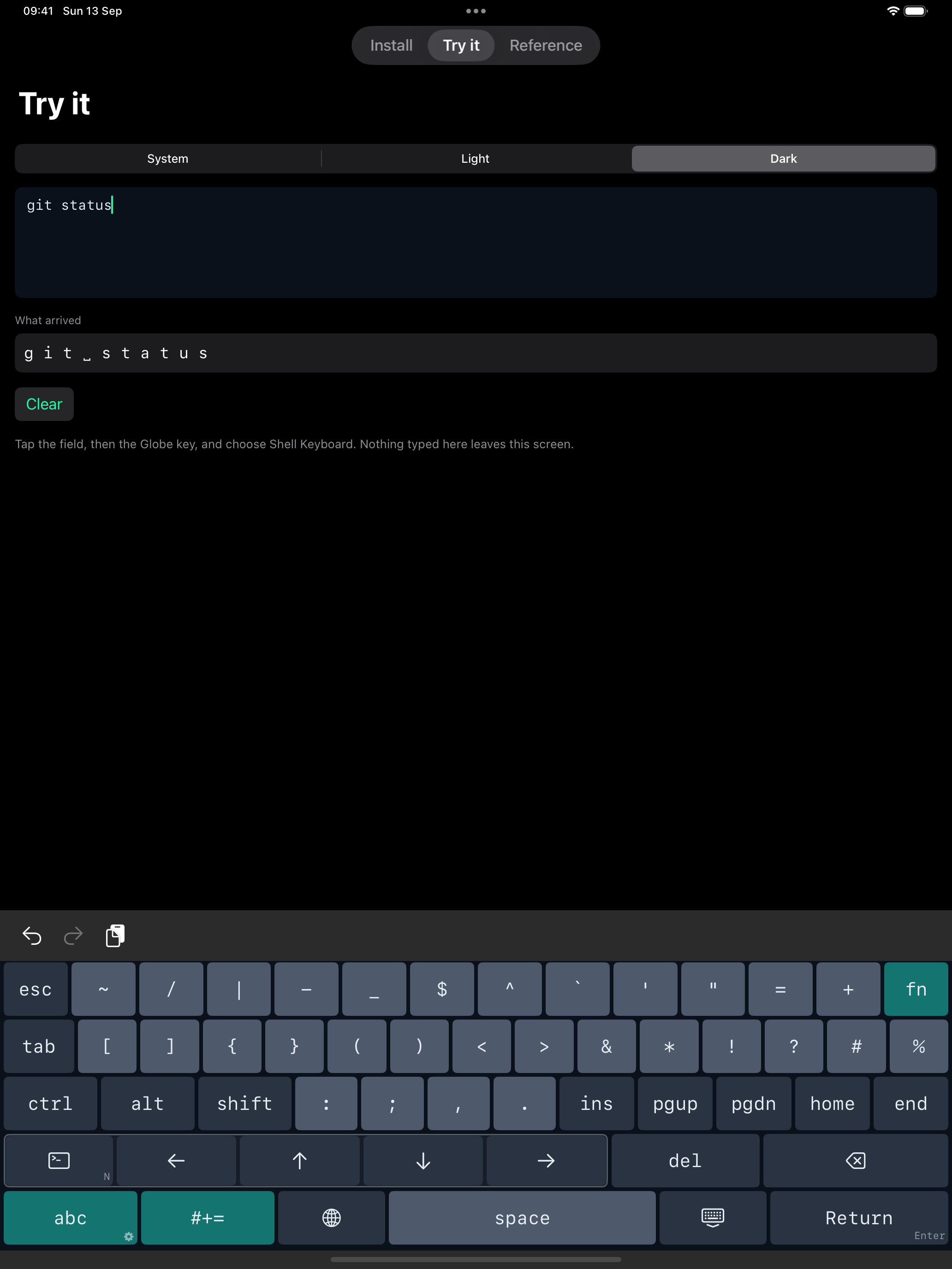 Shell Keyboard's terminal layer on iPad, showing esc, tab, ctrl, alt, shift, arrow keys, home and end, and shell punctuation, below a text field where 'git status' has been typed.