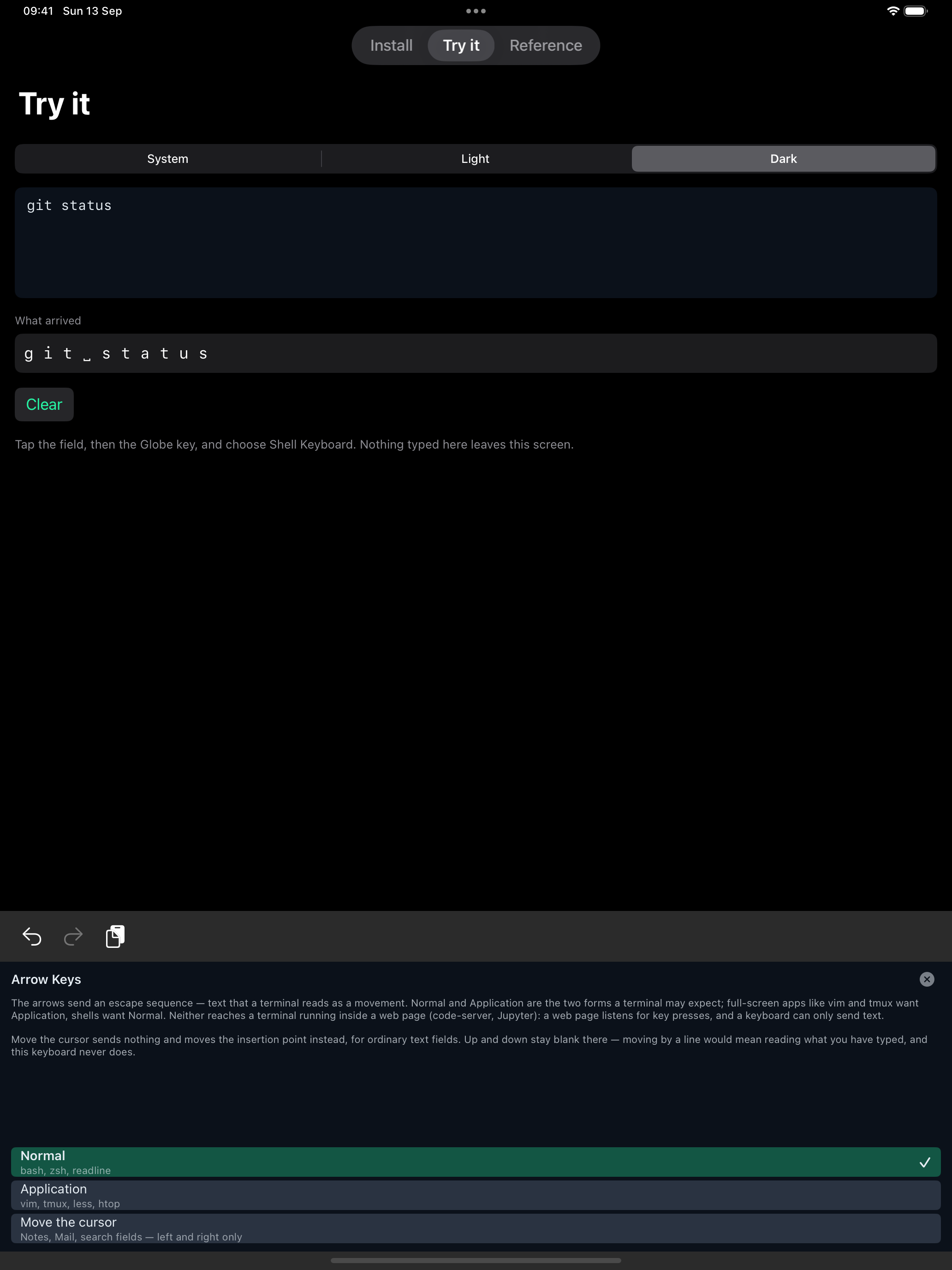 The Arrow Keys settings panel offering Normal, Application, and Move the cursor, with an explanation of what each one sends.