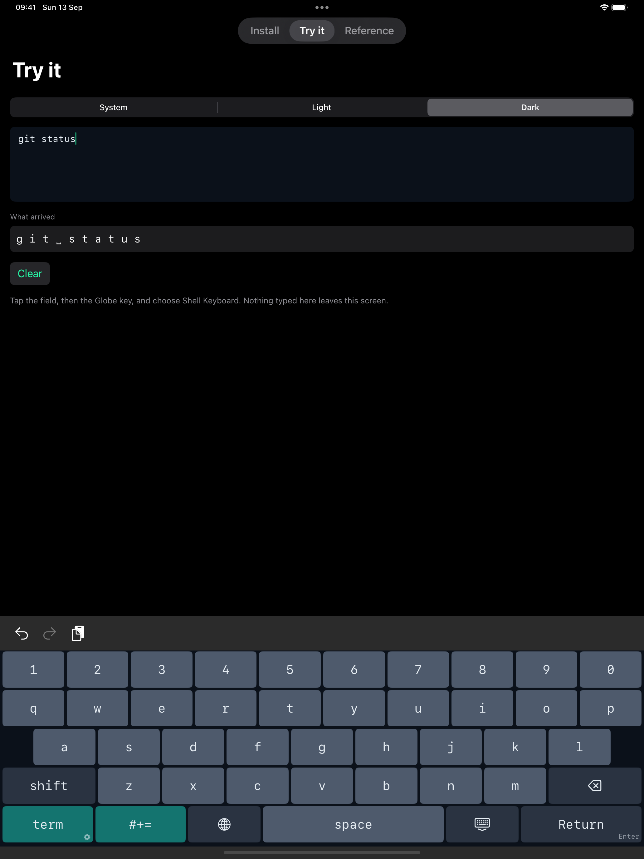 The abc layer, a QWERTY letter layout for typing hostnames, paths and commit messages without switching keyboards.