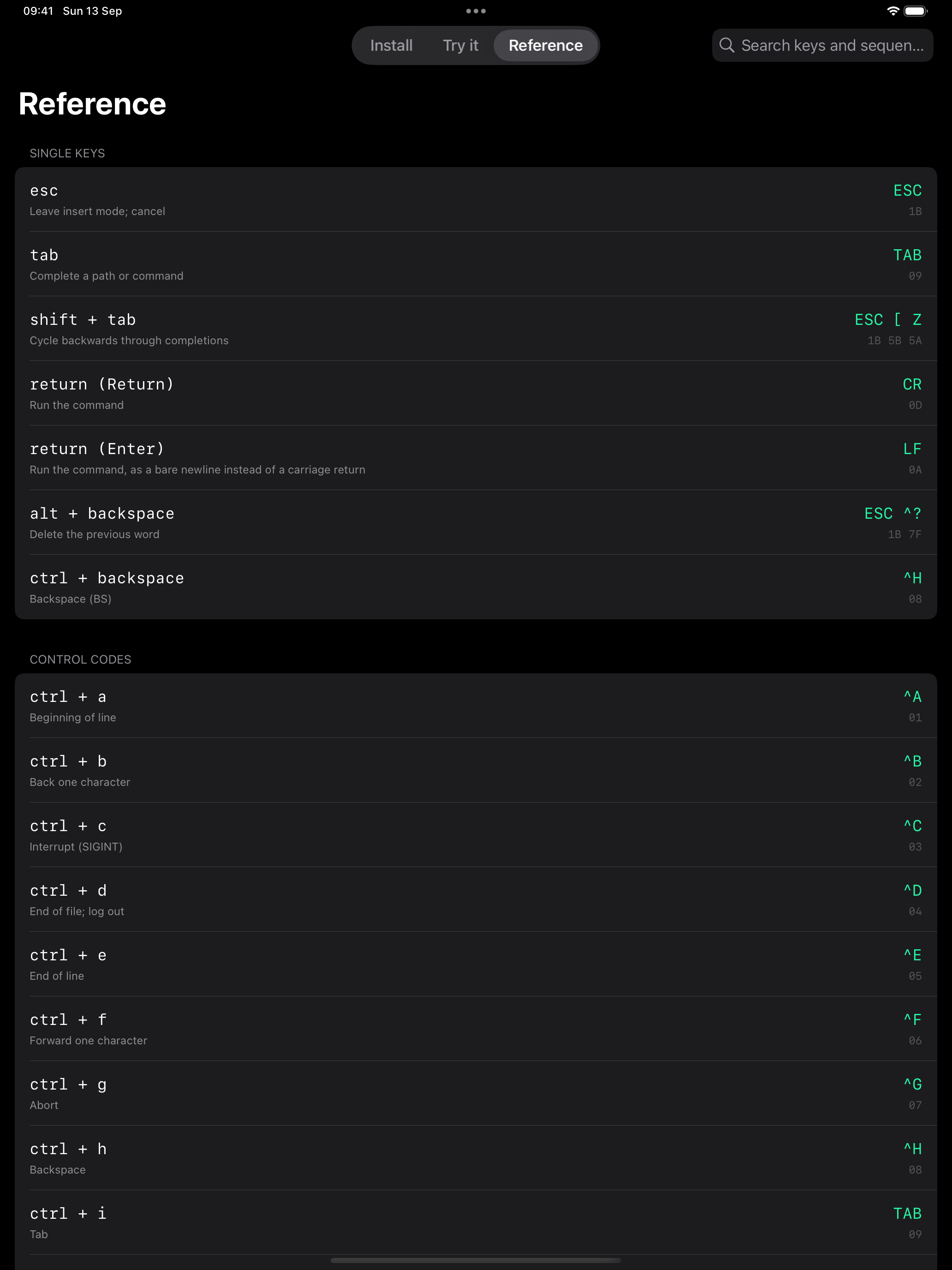 The Reference tab inside the app: a searchable list of keys with the exact escape sequences and hex bytes each one sends.