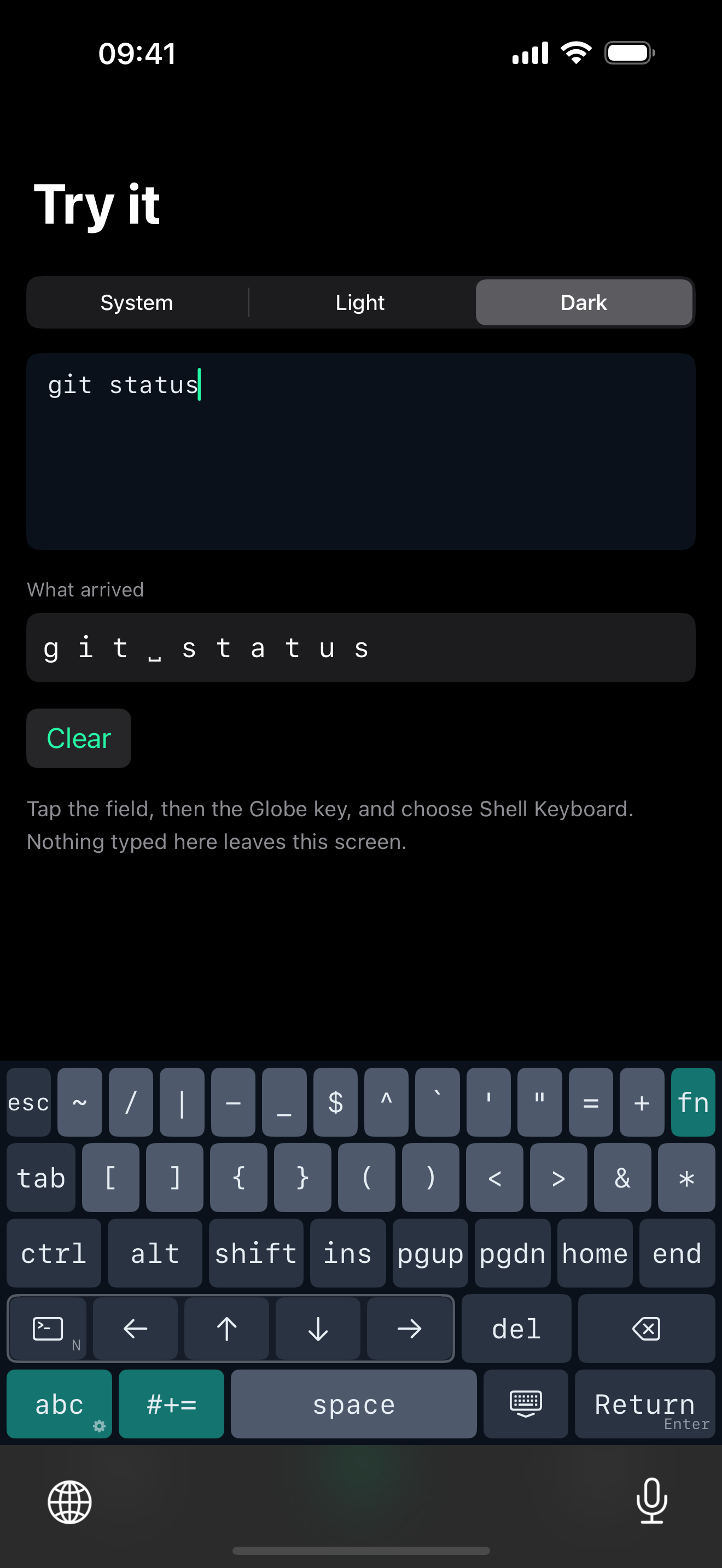 Shell Keyboard's terminal layer on iPhone, showing esc, tab, ctrl, alt, shift, arrow keys, home and end, and shell punctuation, below a text field where 'git status' has been typed.