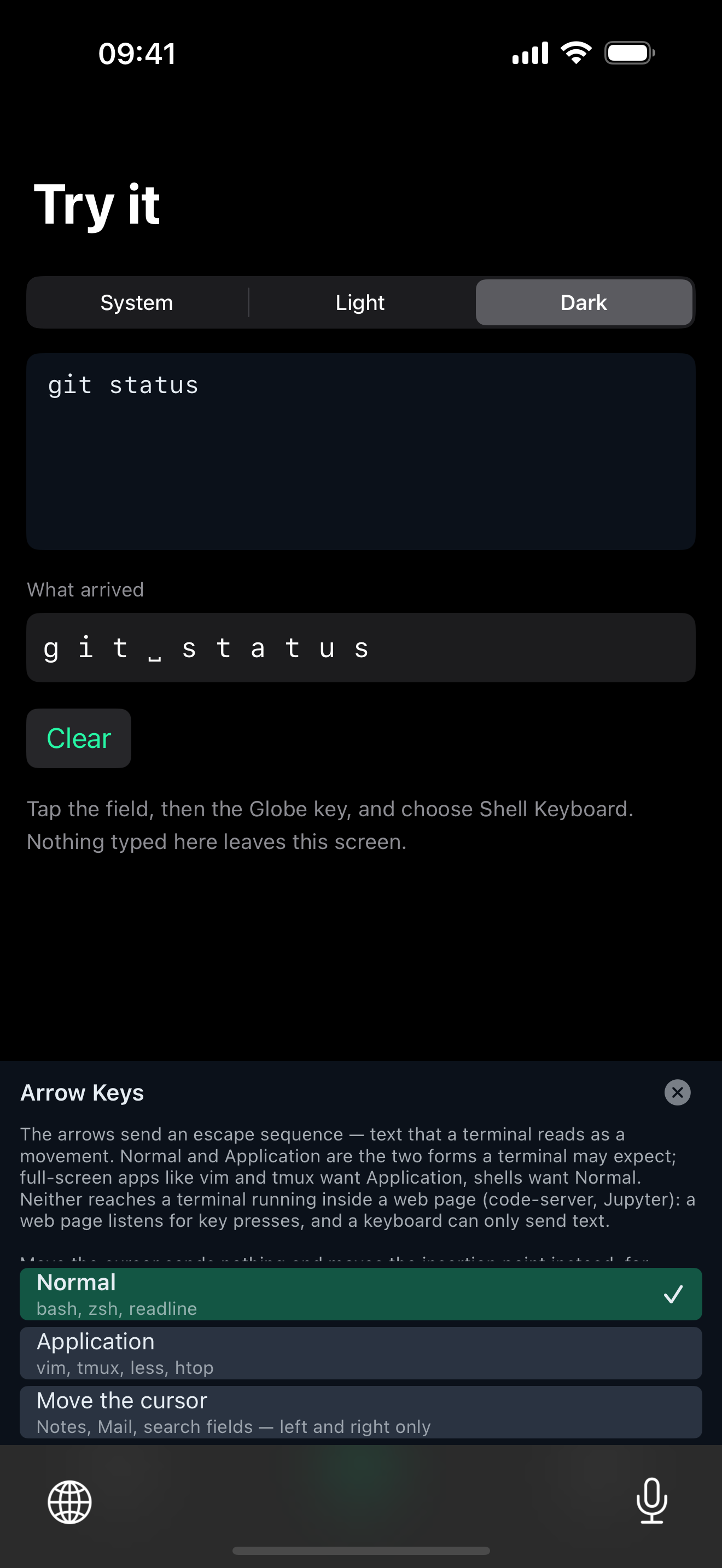 The Arrow Keys settings panel offering Normal, Application, and Move the cursor, with an explanation of what each one sends.