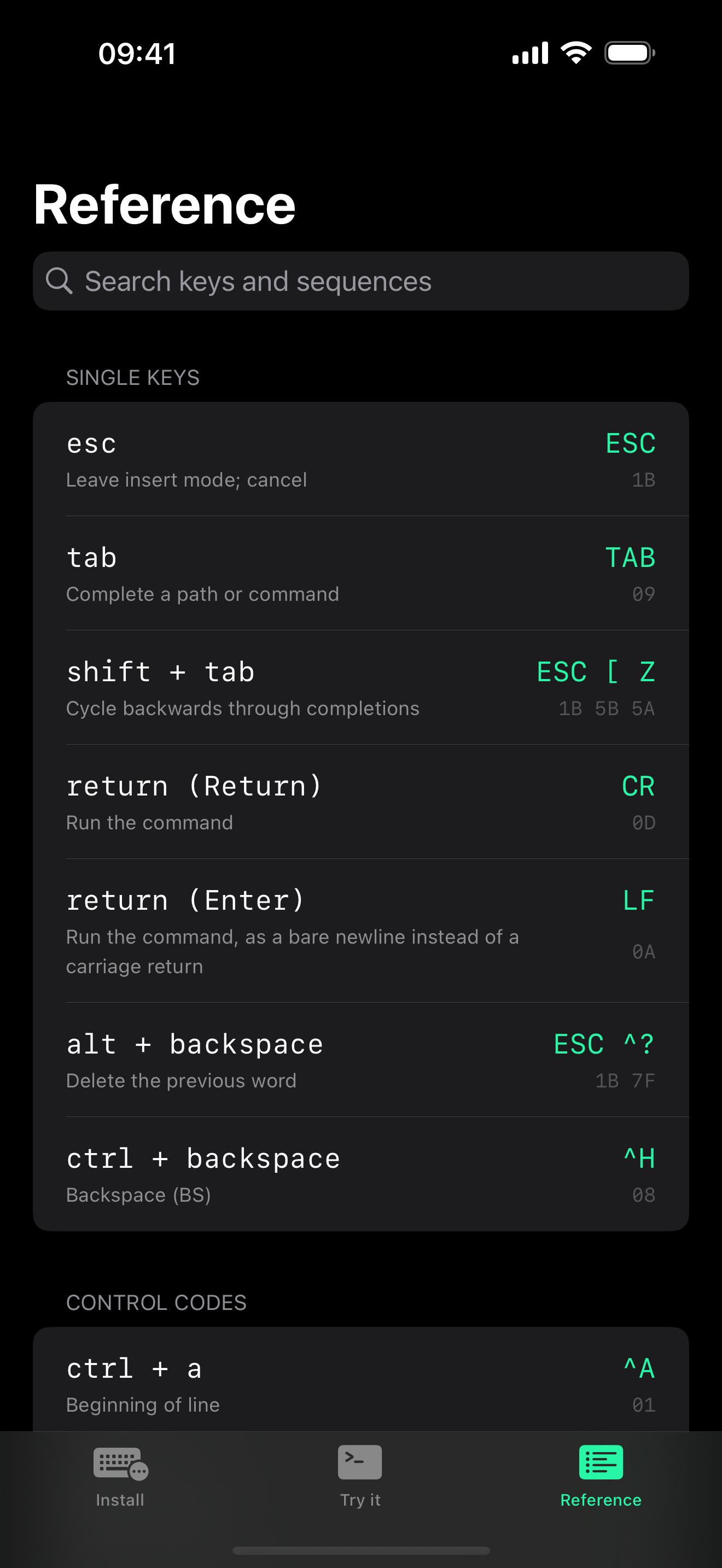 The Reference tab inside the app: a searchable list of keys with the exact escape sequences and hex bytes each one sends.